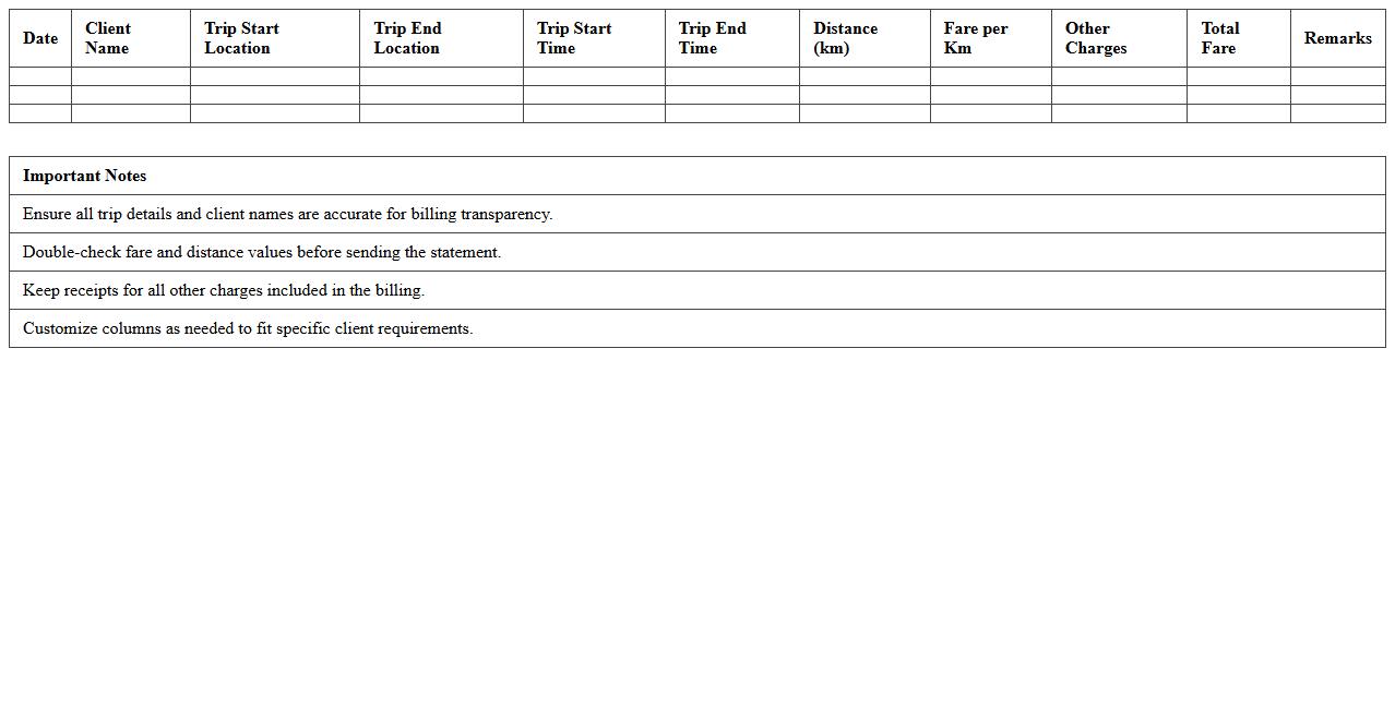 Taxi Service Billing Statement Excel Template for Freelancers