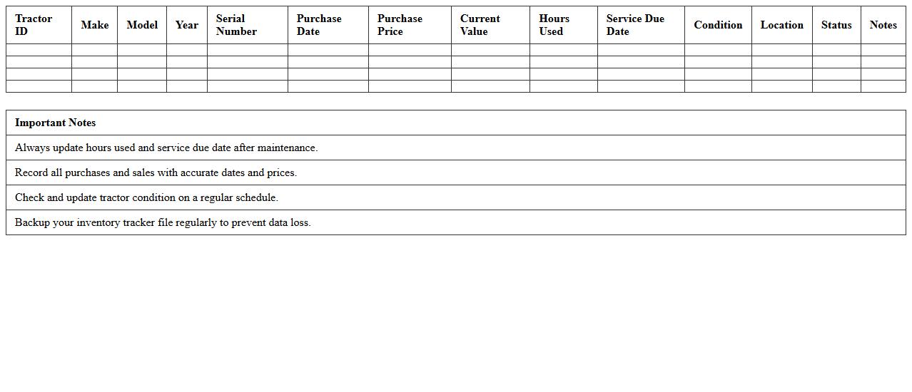 Tractors Inventory Tracker Spreadsheet
