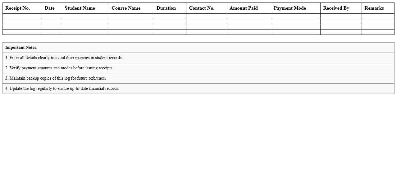 Training Institute Fee Receipt Log Excel