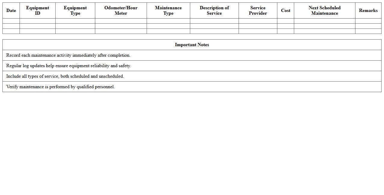 Transportation Equipment Maintenance Log