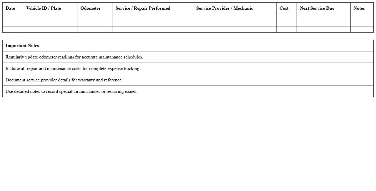 Vehicle Repair Log and History Excel Template