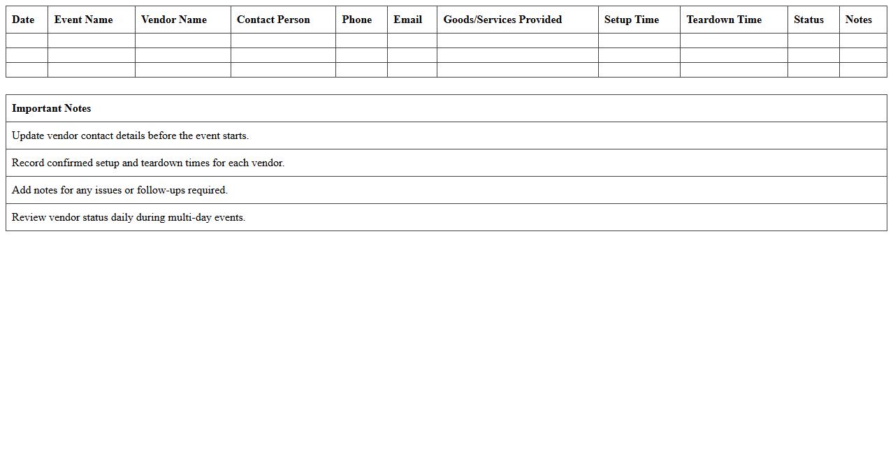 Vendor Coordination Log for Multi-Day Events Excel