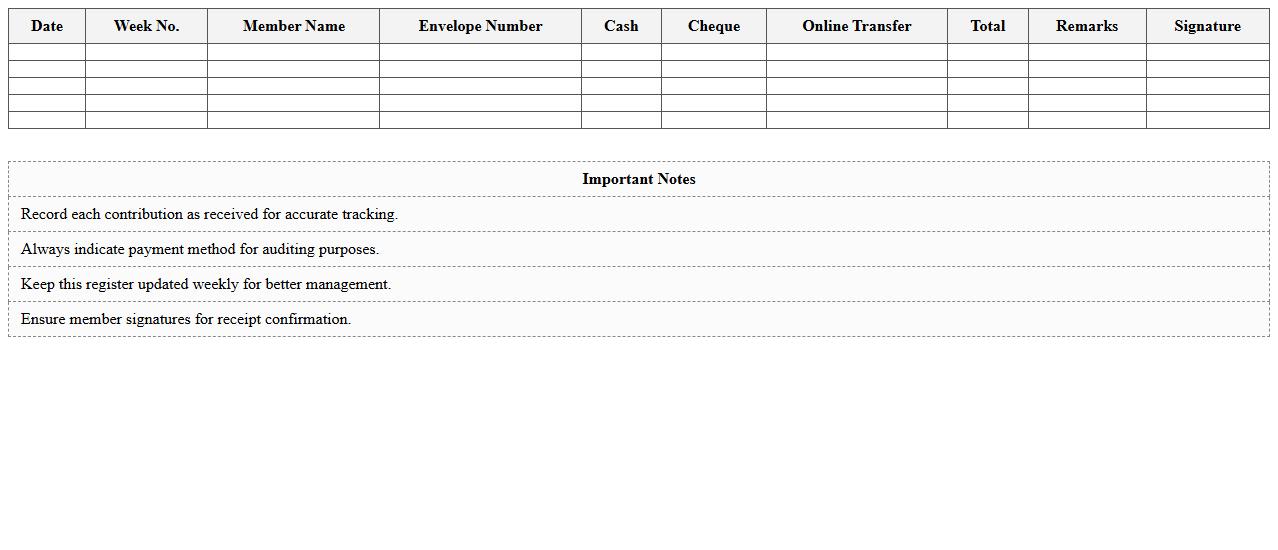 Weekly Church Contribution Register Excel