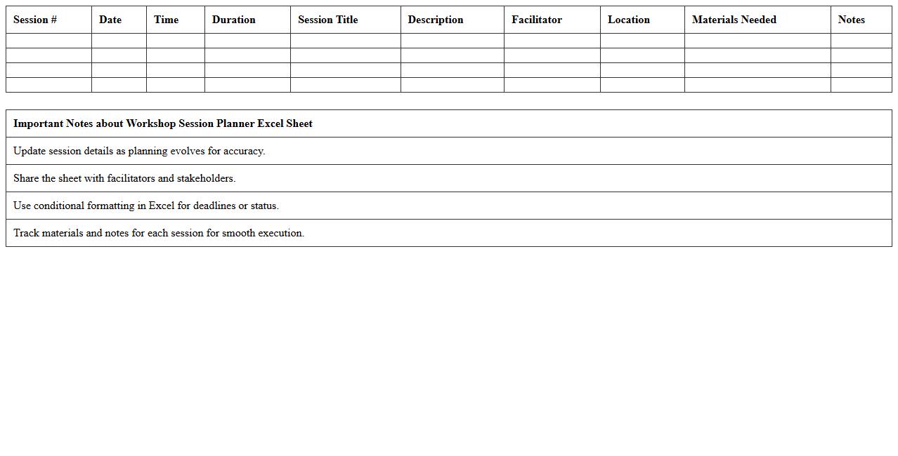 Workshop Session Planner Excel Sheet