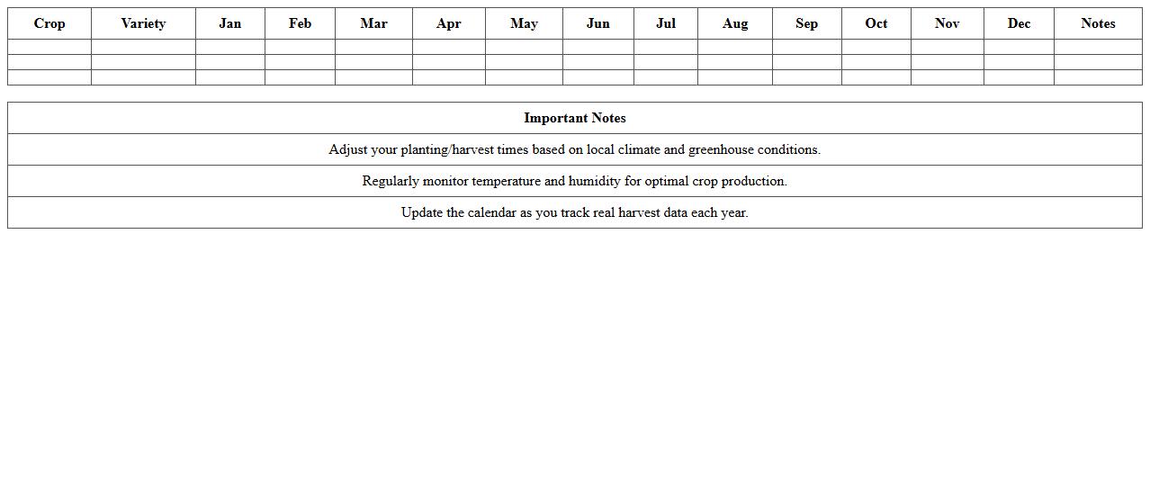 Year-Round Greenhouse Crop Harvest Excel Calendar