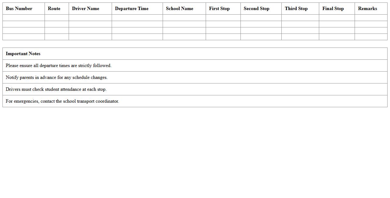 Afternoon School Bus Timetable Excel Sheet
