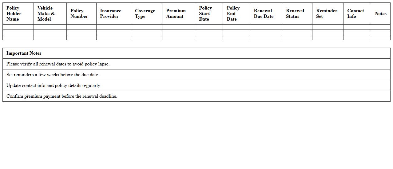 Auto Insurance Policy Renewal Reminder Spreadsheet