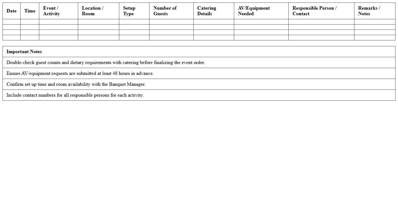 Banquet Event Schedule Planner Excel Template