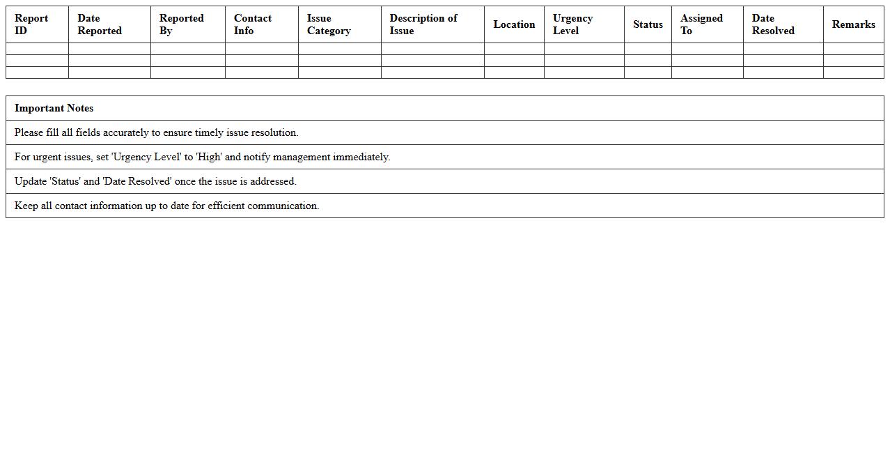 Banquet Hall Issue Reporting Excel Template
