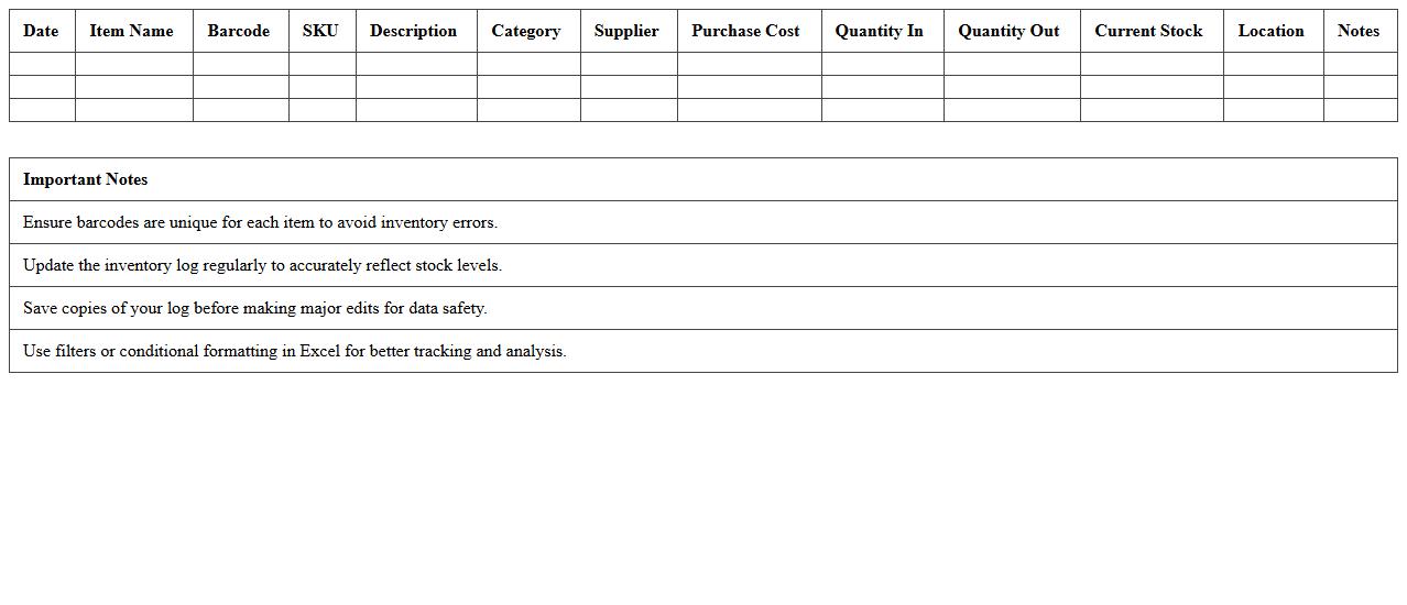 Barcode Inventory Log Excel Template for Small Retail Businesses