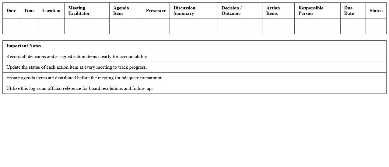 Board Meeting Agenda and Outcomes Log Sheet