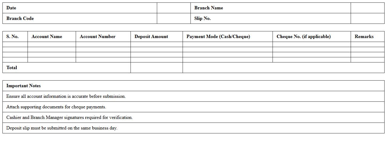 Branch Cashier Bulk Deposit Slip Excel