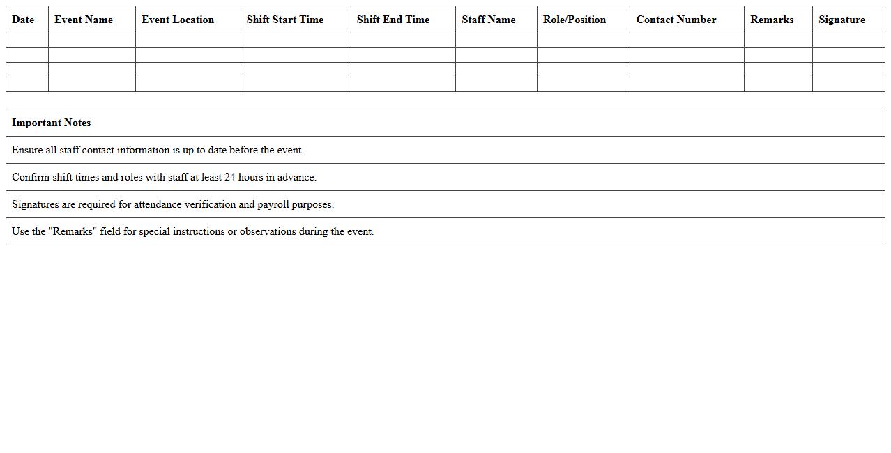 Catering Event Staff Roster Excel Spreadsheet