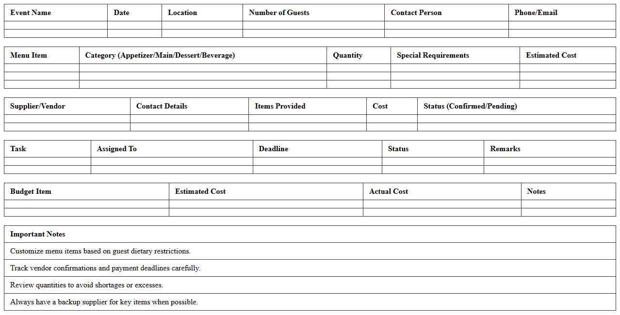 Catering and Menu Planner Excel Template for Social Events