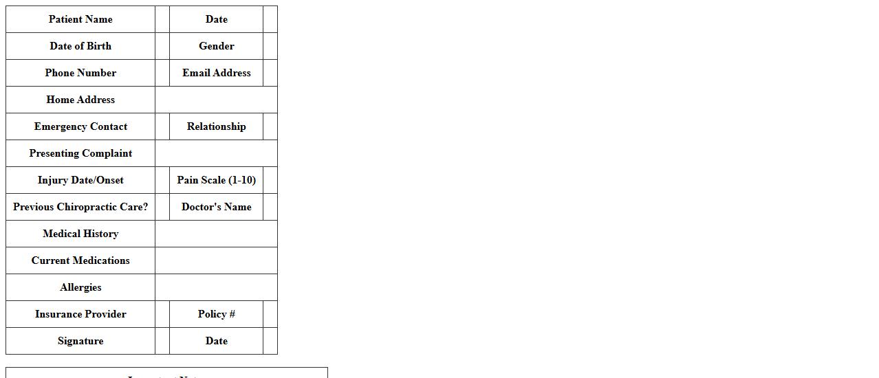 Chiropractic Patient Intake Sheet Excel Template