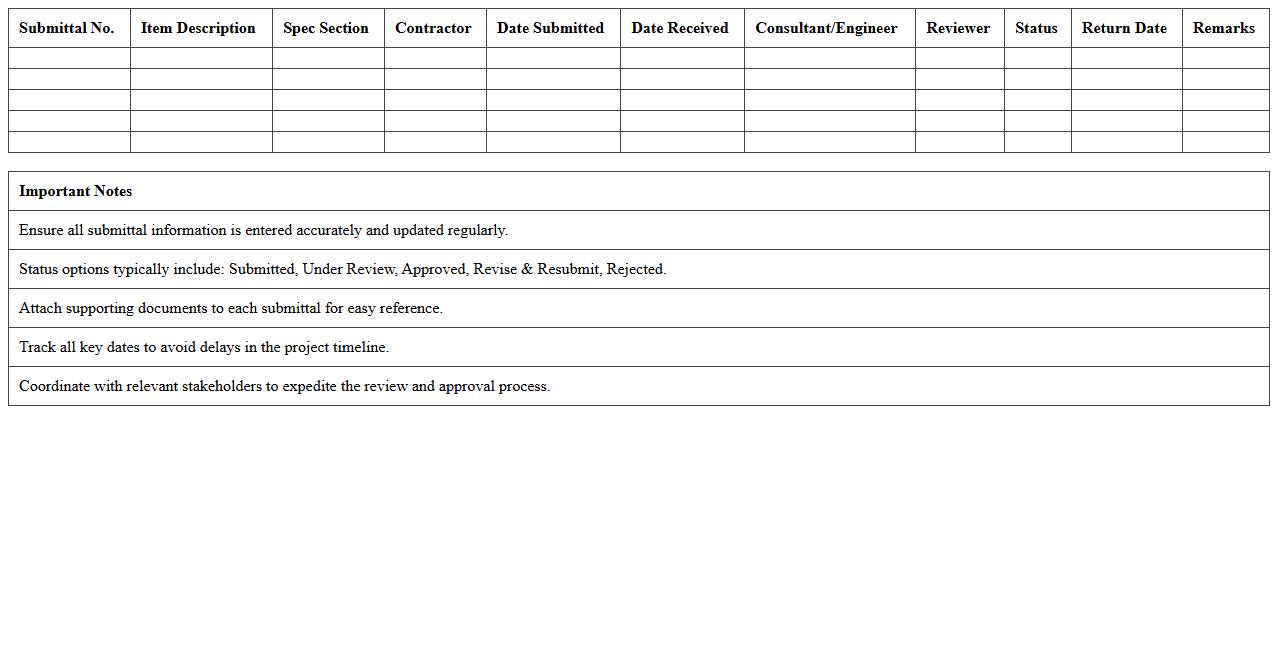 Civil Engineering Submittal Tracking Log Excel Template