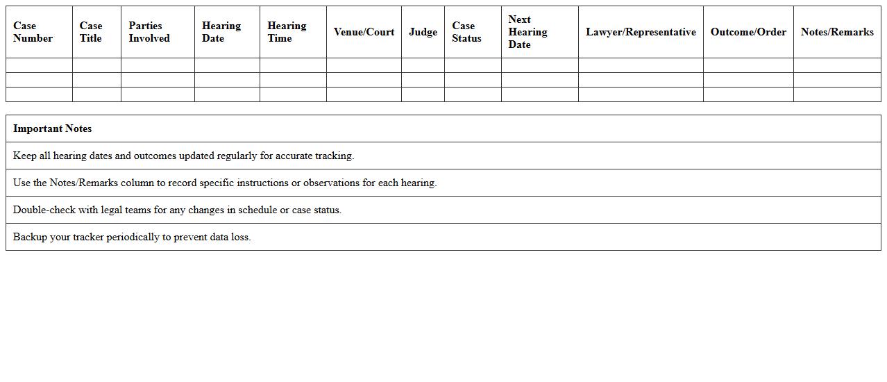 Civil Litigation Hearing Tracker Excel Sheet