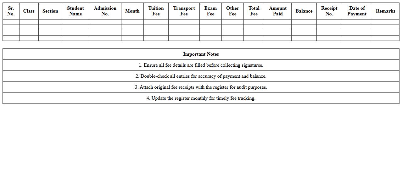 Class-wise Fee Collection Register Excel