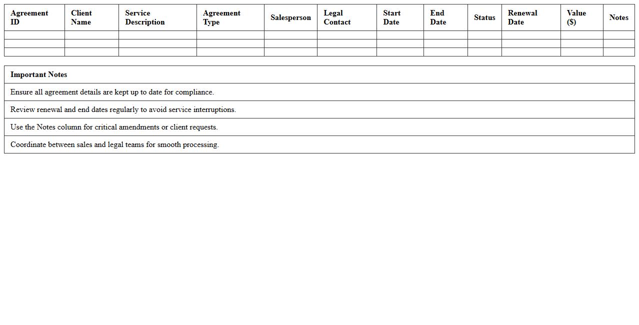 Client Service Agreements Log Excel Template for Sales & Legal