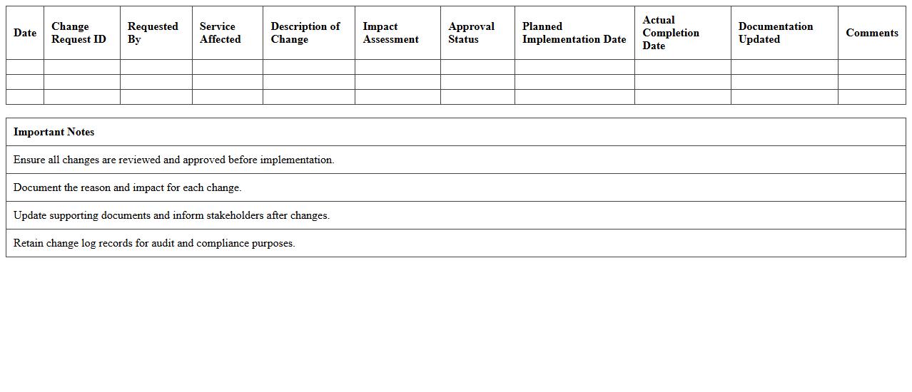 Cloud Services Change Documentation Log Excel Template