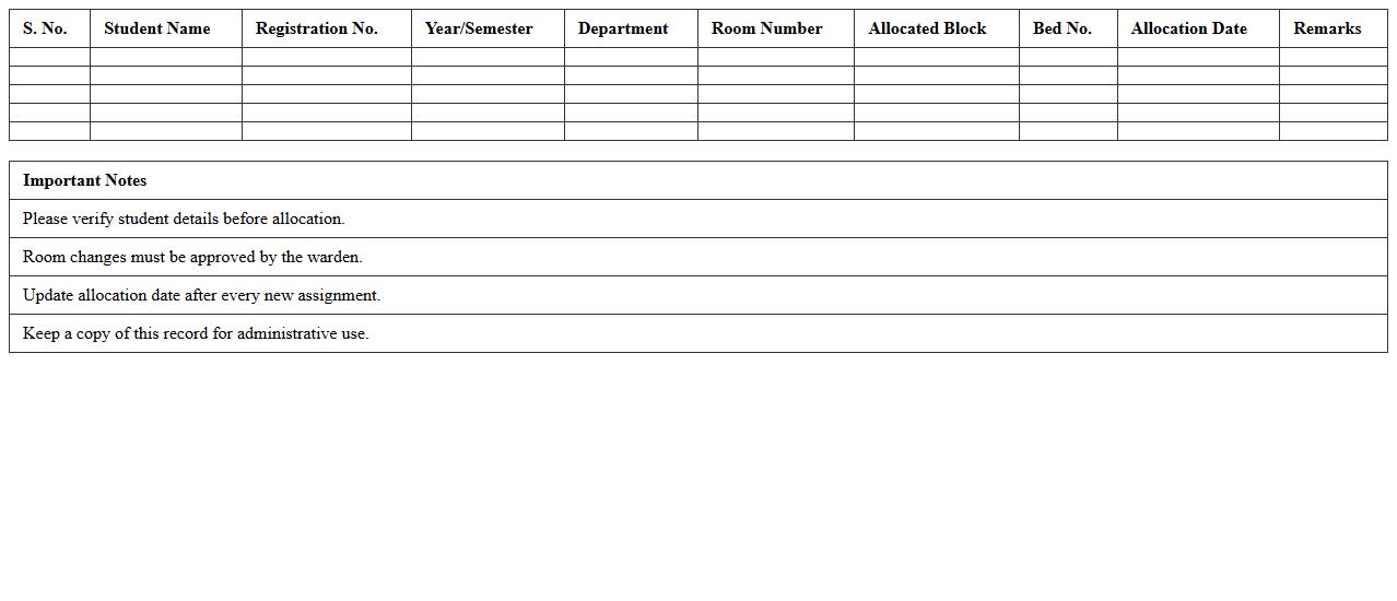 College Room Allocation Schedule Excel