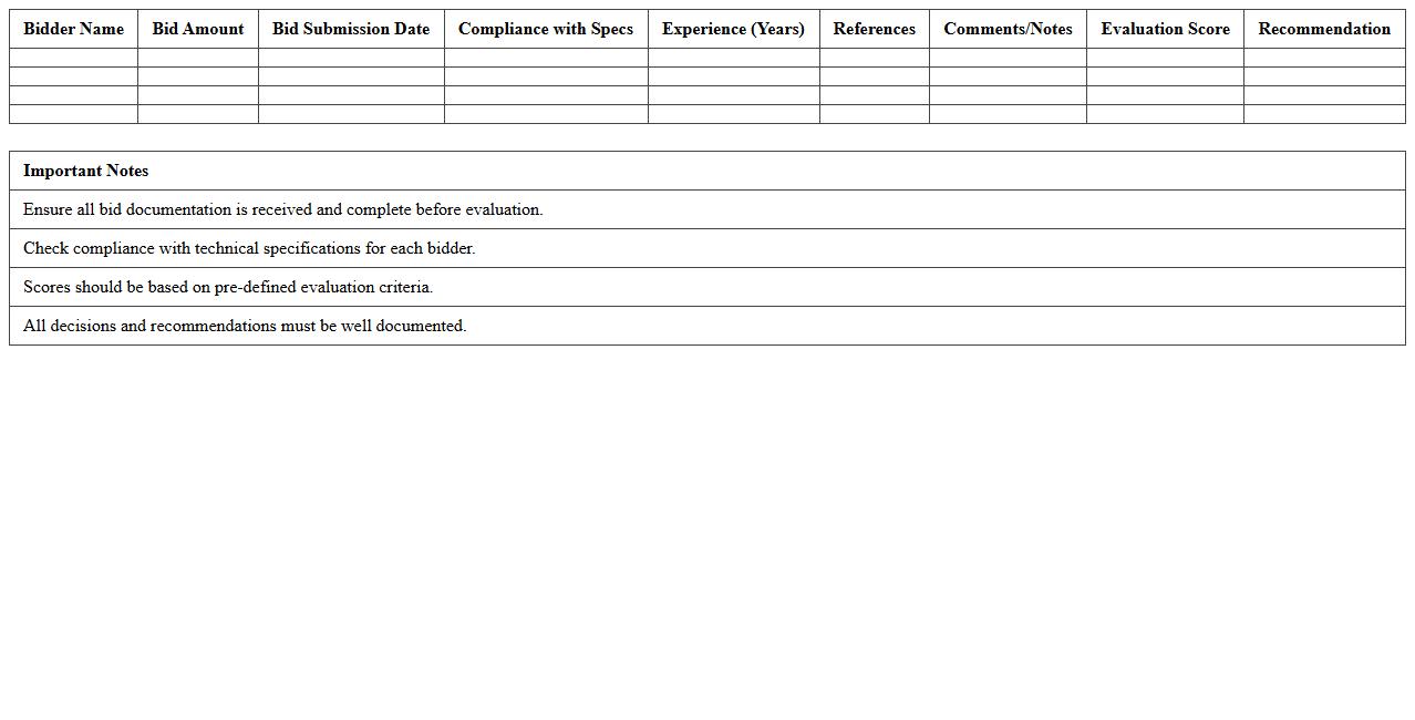 Construction Bid Evaluation Spreadsheet Template