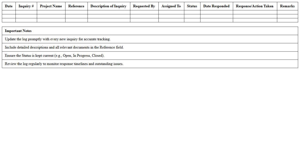 Construction Project Inquiry Log