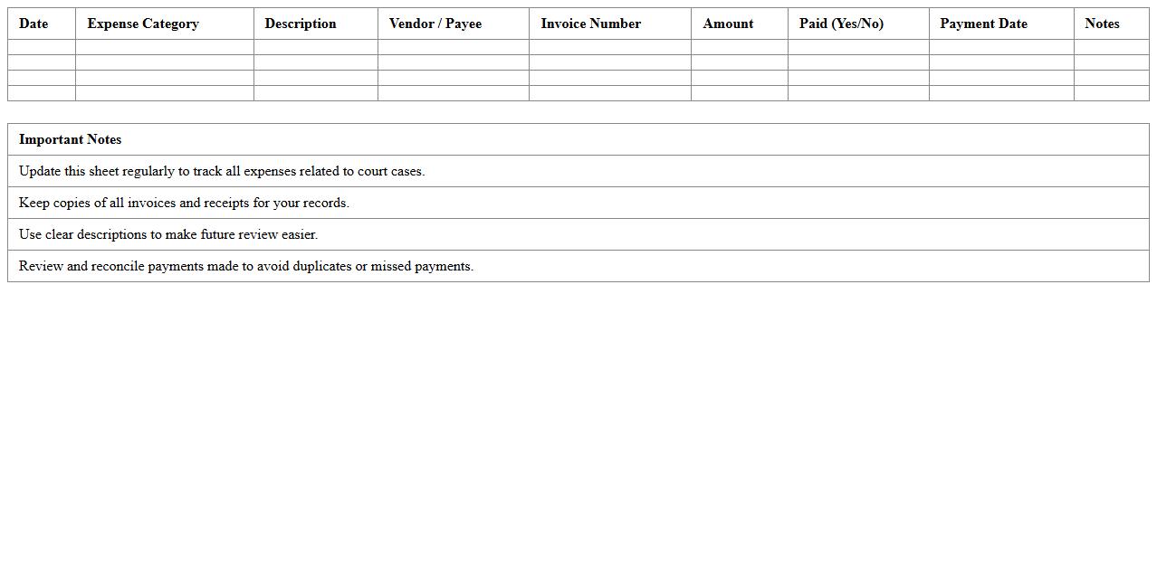 Court Case Expense Tracking Excel Template