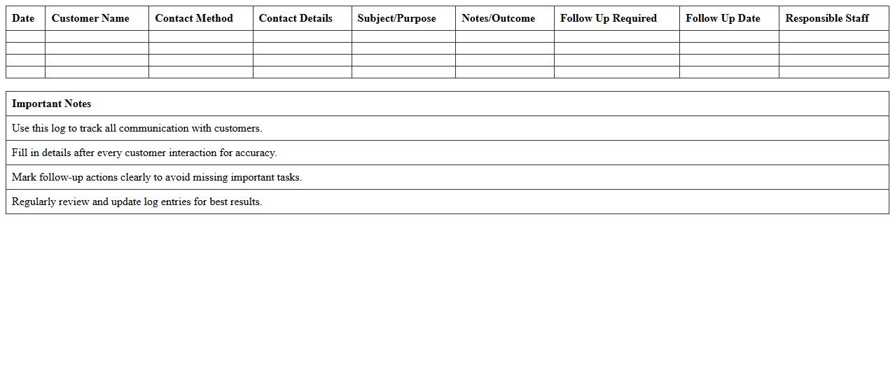 Customer Communication Log Excel Template