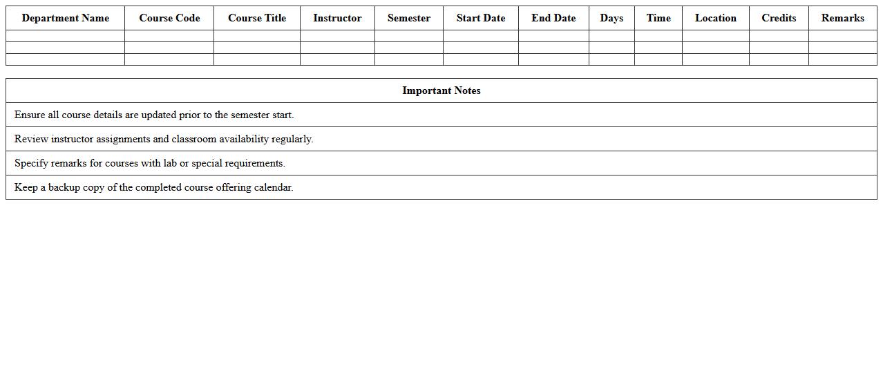 Department Course Offering Calendar Excel