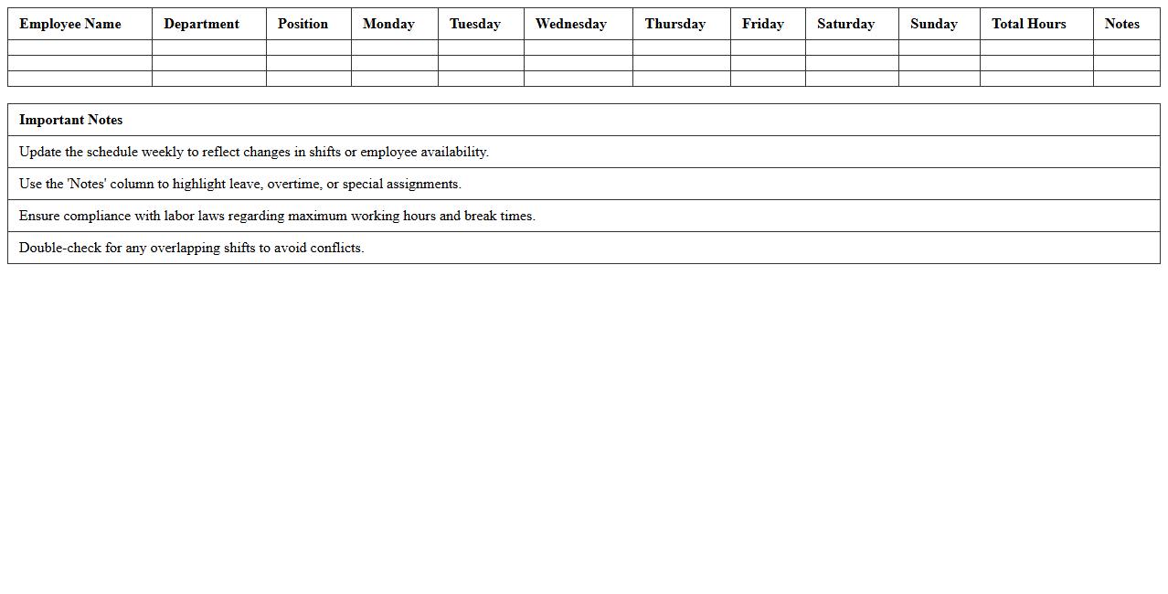 Department Employee Schedule Planner Excel