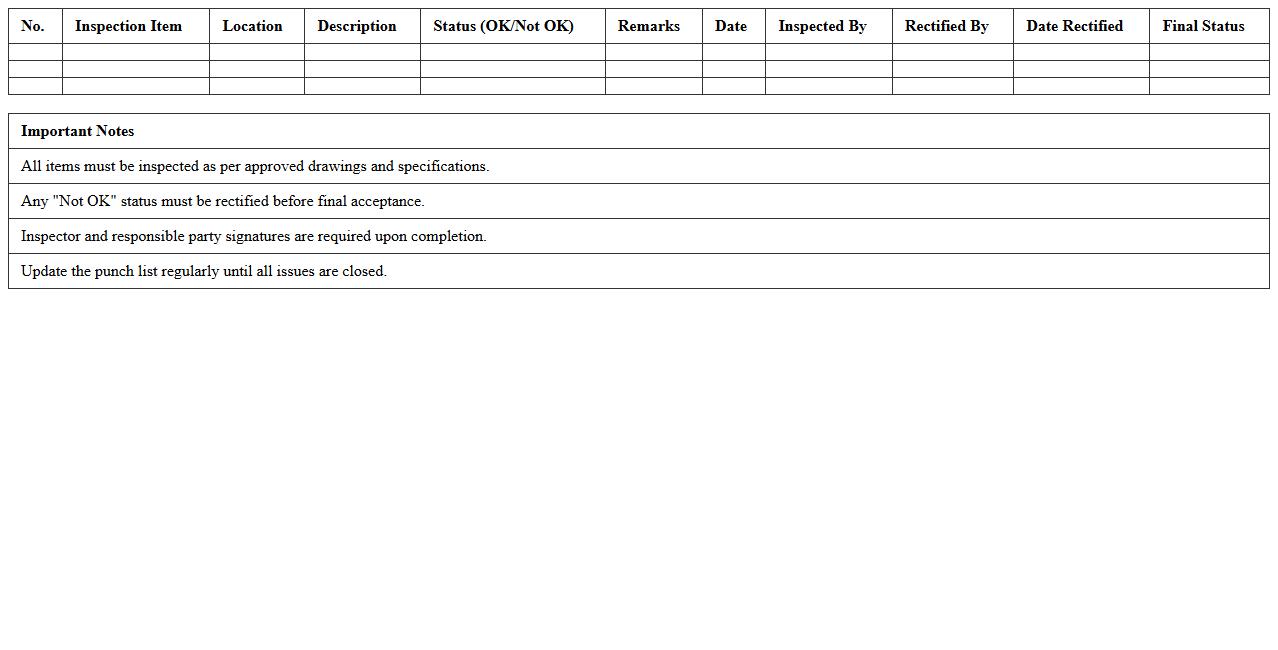 Electrical Works Inspection Punch List Excel