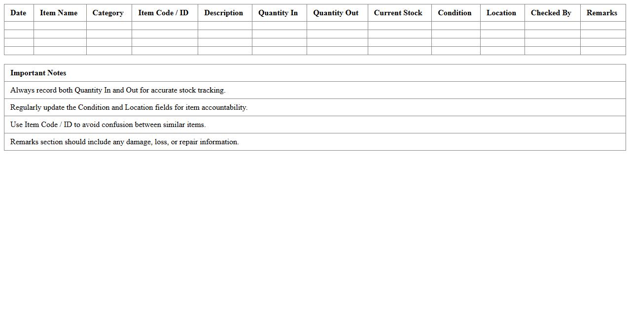 Event Furniture & Fixtures Inventory Log Excel