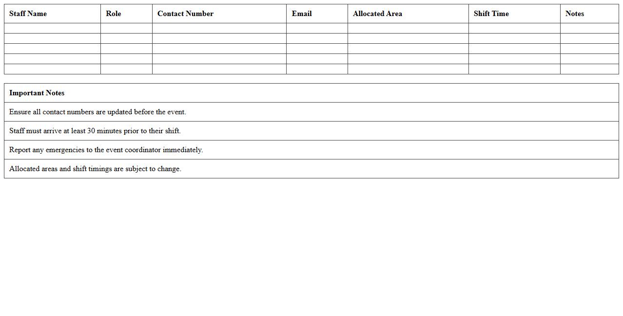 Event Staff Contact and Allocation List Excel