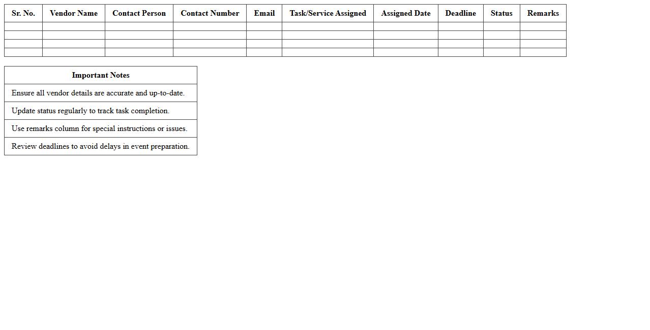 Event Vendor Task Assignment Template