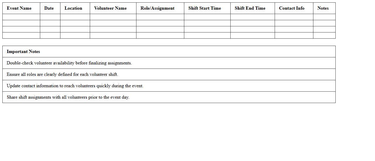 Event Volunteer Shift Assignment Excel Template