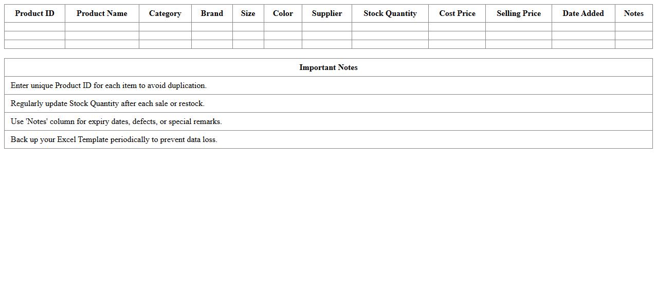 Excel Template for Boutique Product Stock List