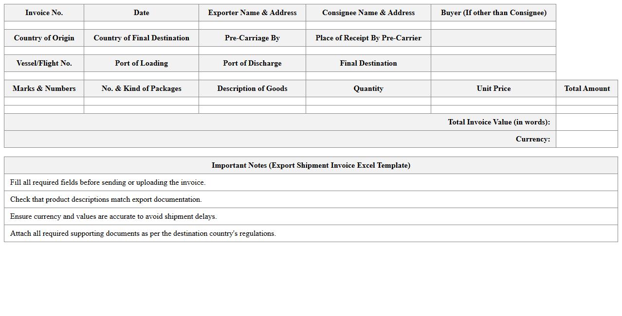 Export Shipment Invoice Excel Template