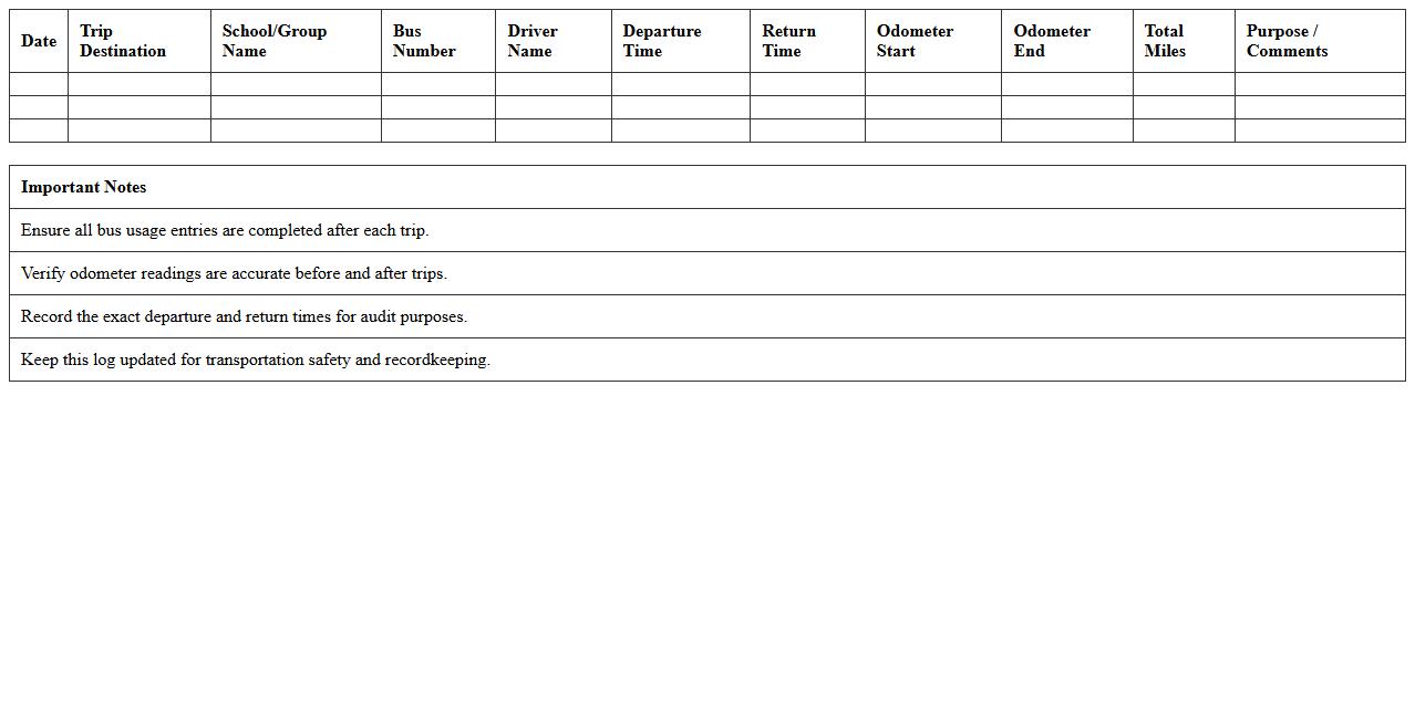 Field Trip Bus Usage Log Excel Template