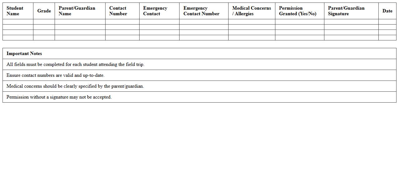 Field Trip Student Permission & Details Excel Spreadsheet