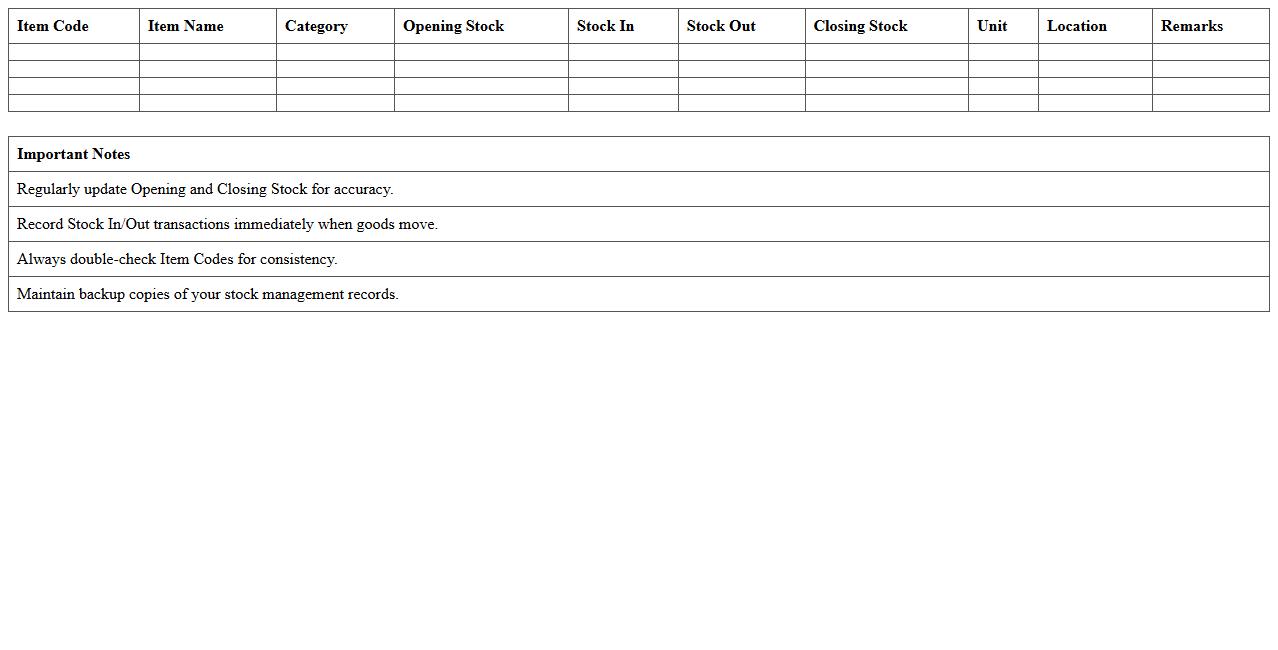 Finished Goods Stock Management Excel Template