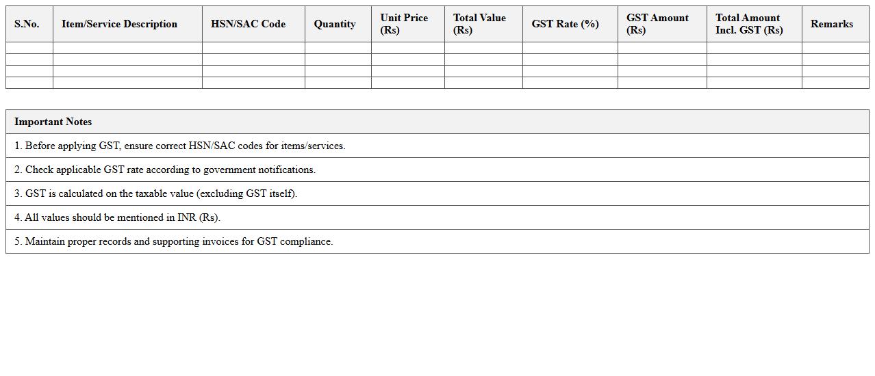 GST Tax Rate Calculation Worksheet