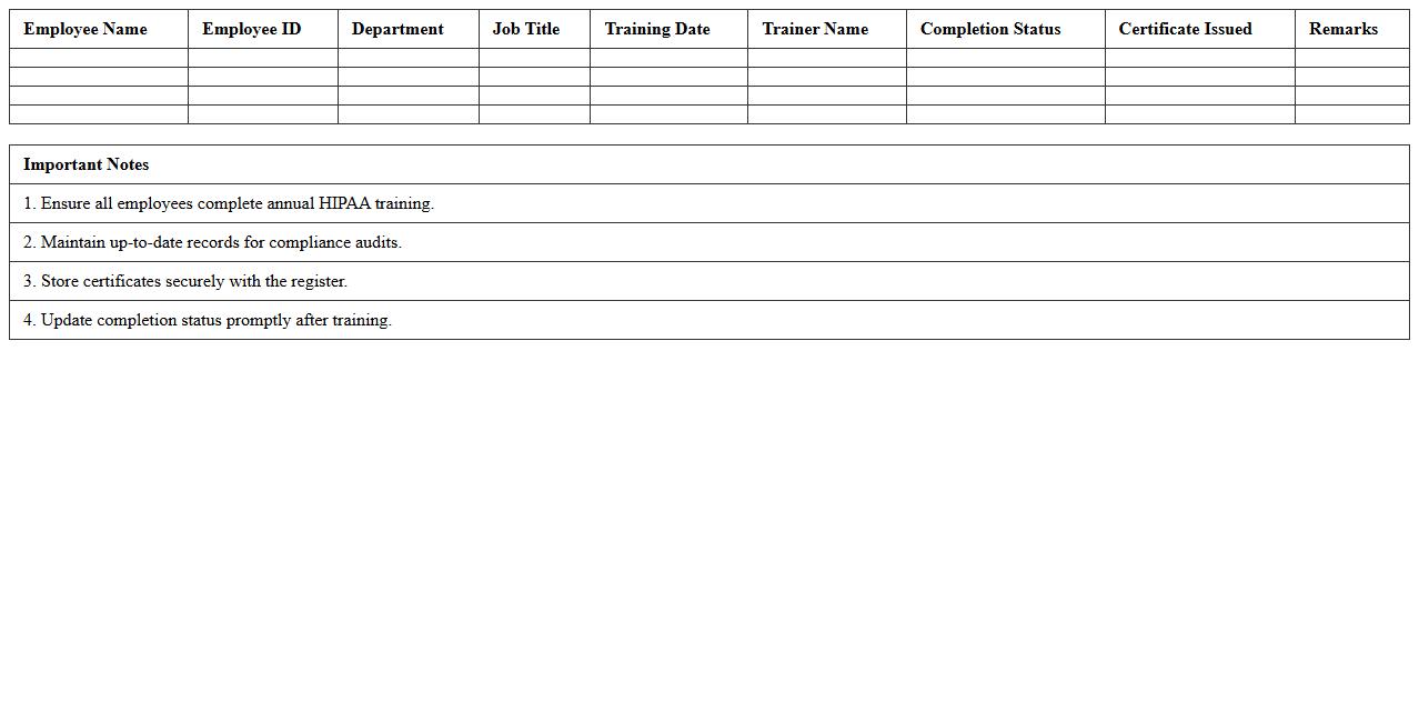 HIPAA Training Completion Register Excel Template