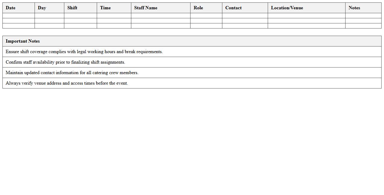 Hospitality Shift Planning Template for Catering Crews