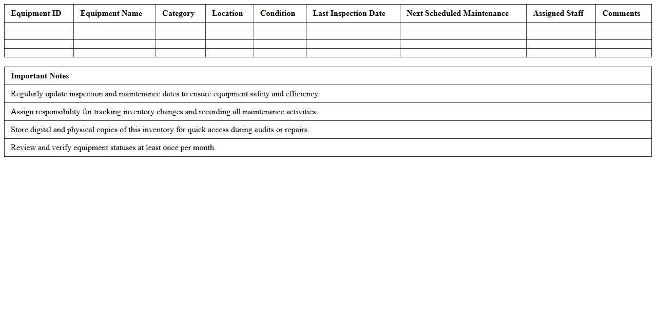 Hotel Maintenance Equipment Inventory Spreadsheet