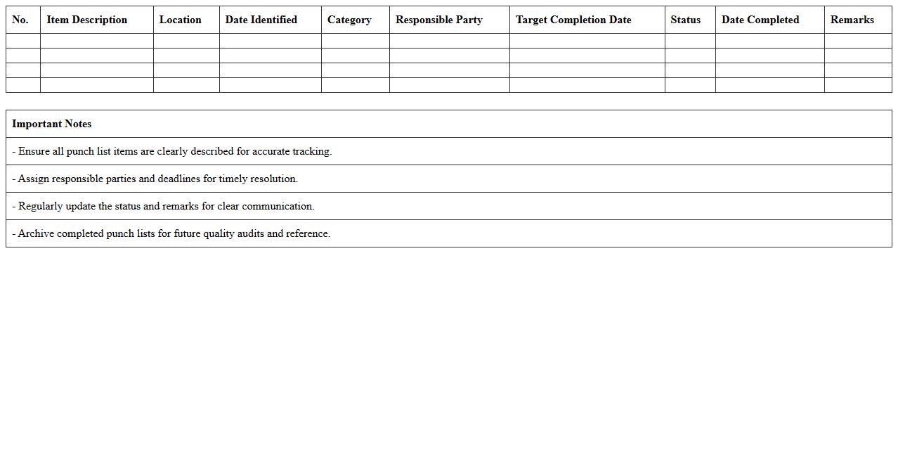 Inspection QA/QC Punch List Template in Excel
