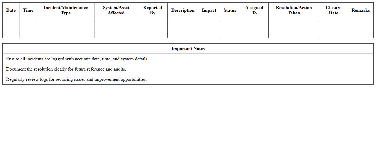 IT Infrastructure Incident & Maintenance Log Excel