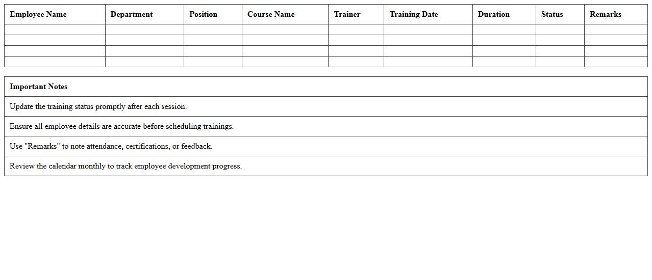 IT Training Calendar Excel Template for Employee Development