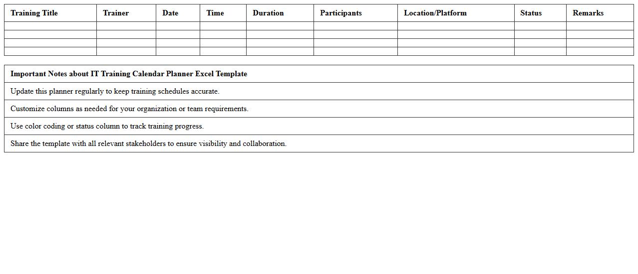 IT Training Calendar Planner Excel Template