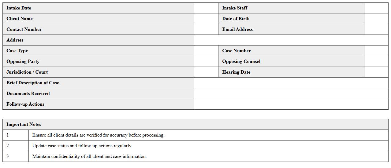 Legal Case Intake Data Collection Sheet